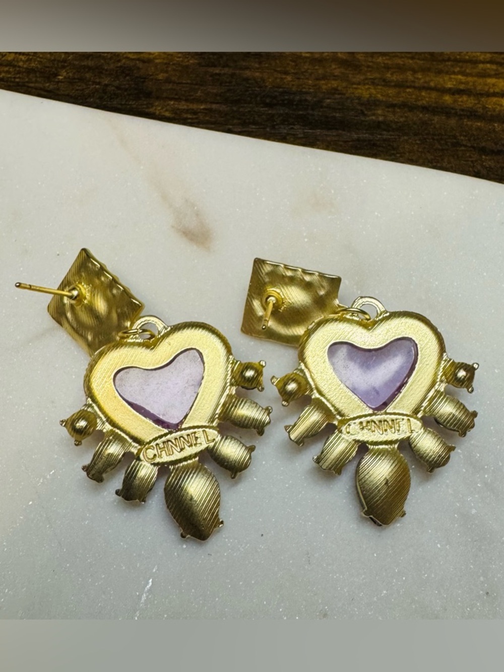 CHNNEL Inspired Pink Heart Statement Drop Earrings Gold Tone Rhinestone - Picture 2 of 6